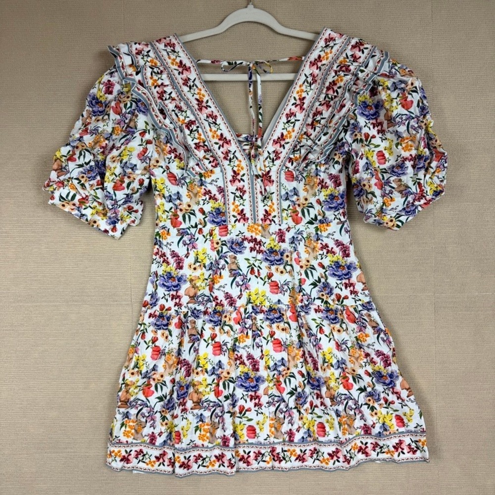 Farm Rio Greek Garden Off-White Topstitched Yoke Mini Dress Floral Womens M - Picture 8 of 13